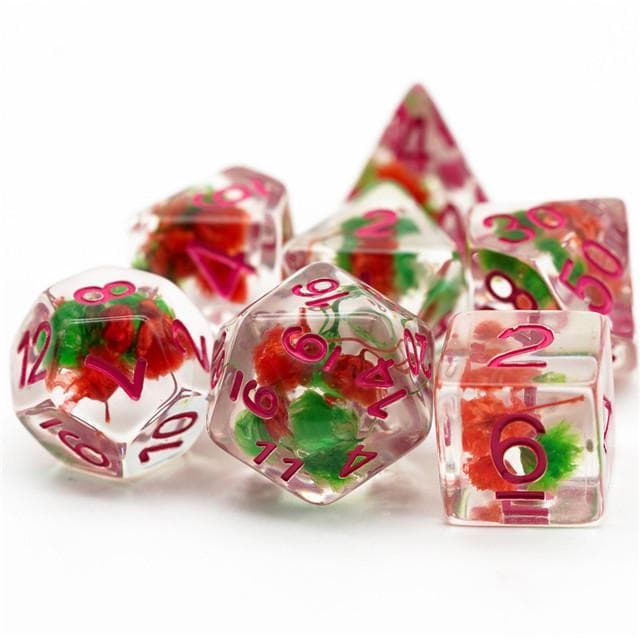 RPG Dice | "Suspended Flower" Red & Green | Set of 7