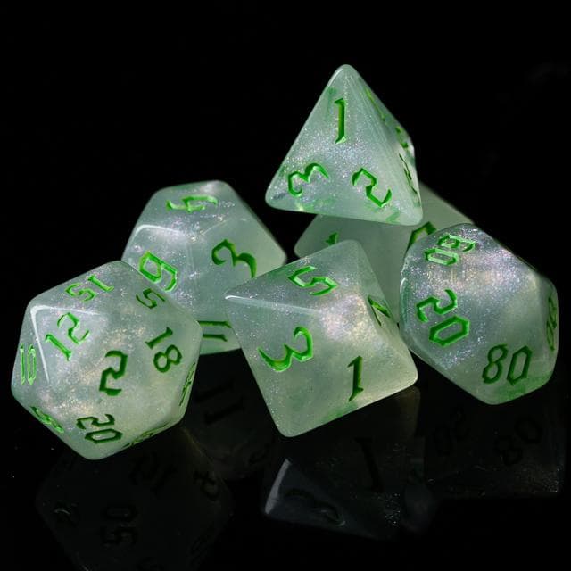 Polyhedral Dice Set | Acrylic | "Moonstone Thorns" Green Ink | Set of 7 (D0123)