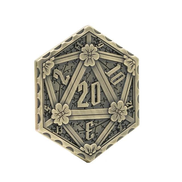 d2 | Metal d20 Coin | "Flowers" Bronze