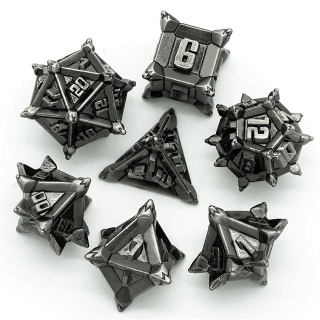 Metal Dice | "Cruel Caltrops" Brushed Silver | Set of 7