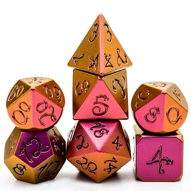 Metal Dice - Orange Iridescent w/Dragon - Set of 7