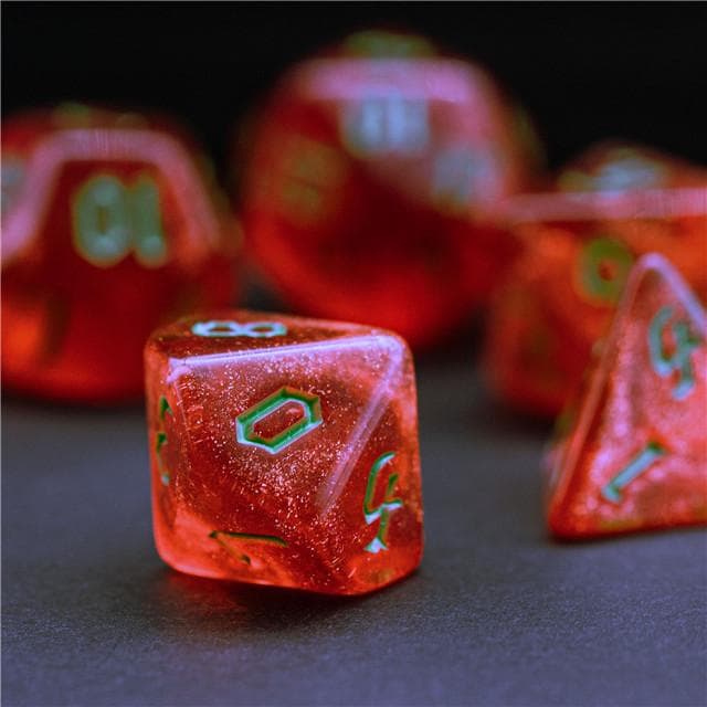 Polyhedral Dice Set | Acrylic | "Strawberry Thorns" Green Ink | Set of 7 (D0184)