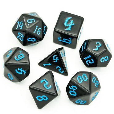 RPG Dice | Solid Black (Blue Ink) | Set of 7