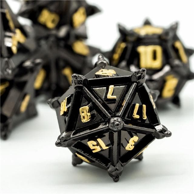 Metal Dice | "Cruel Caltrops" Black & Gold | Set of 7