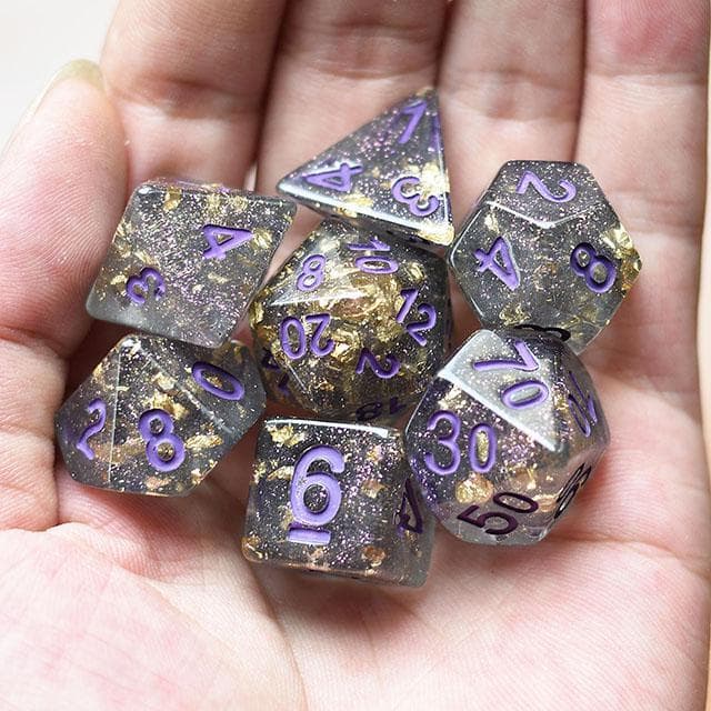 Polyhedral Dice Set | Acrylic | "Gold Leaf" Grey & Purple | Set of 7 (D0032)