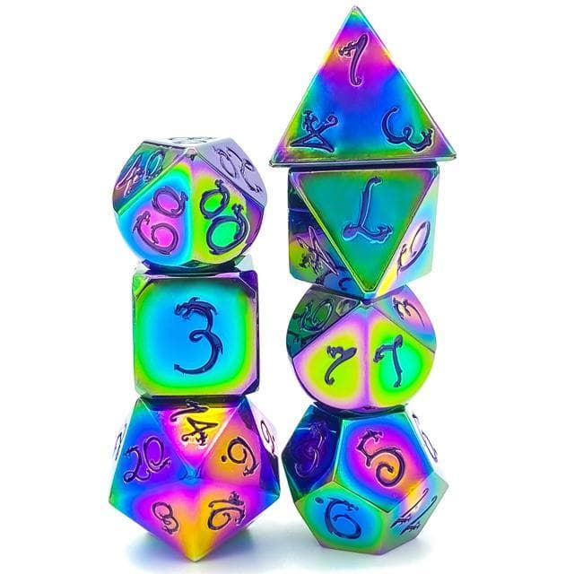 Metal Dice | Rainbow Chrome w/Dragon (Purple Ink) | Set of 7