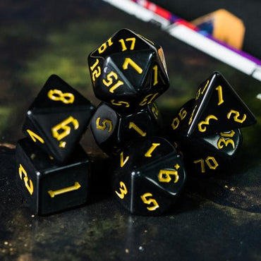 RPG Dice | Solid Black (Yellow Ink) | Set of 7