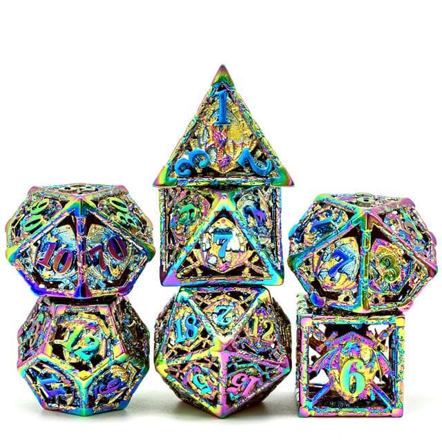 RPG Dice Set | Hollow Metal | "Dragon Coat of Arms" - Rainbow | Set of 7 (D0228)