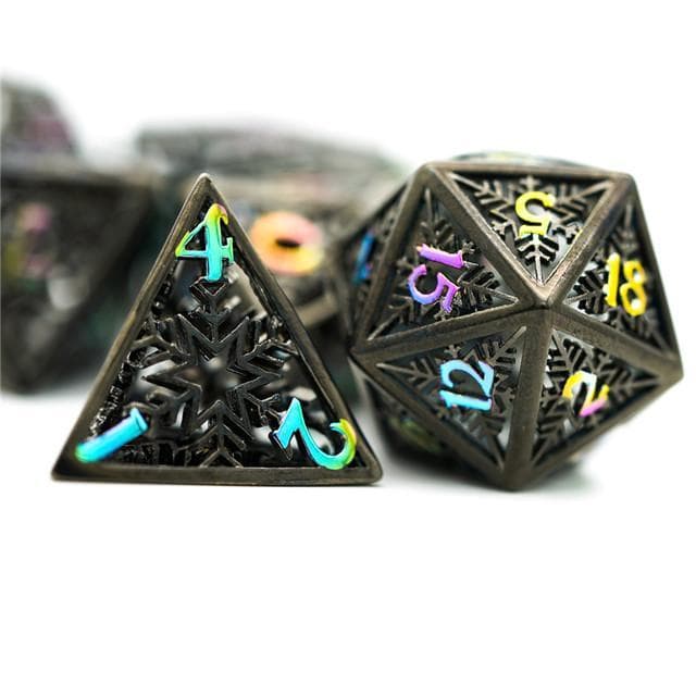 Metal Dice - Hollow "Snowflake" Dark Rainbow - Set of 7
