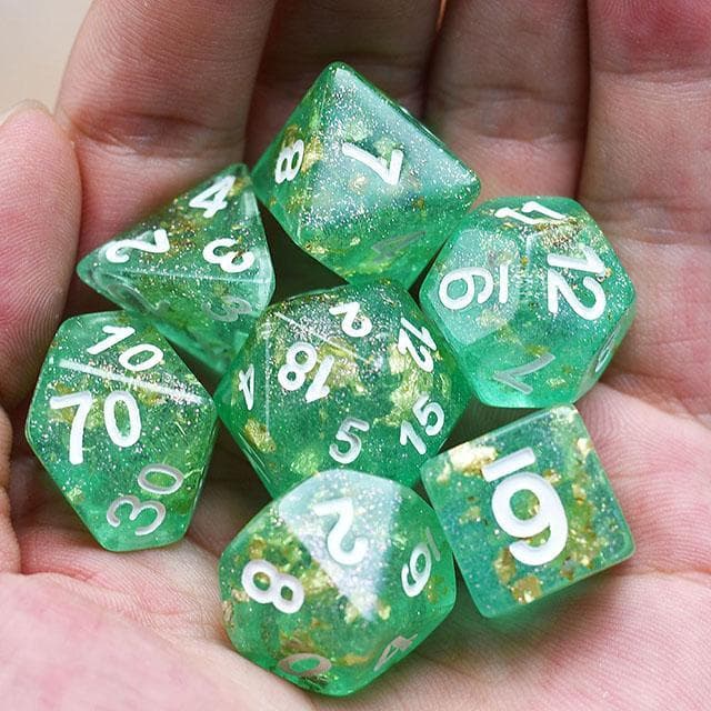 Polyhedral Dice Set | Acrylic | Green "Gold Leaf" | Set of 7 (D0058)