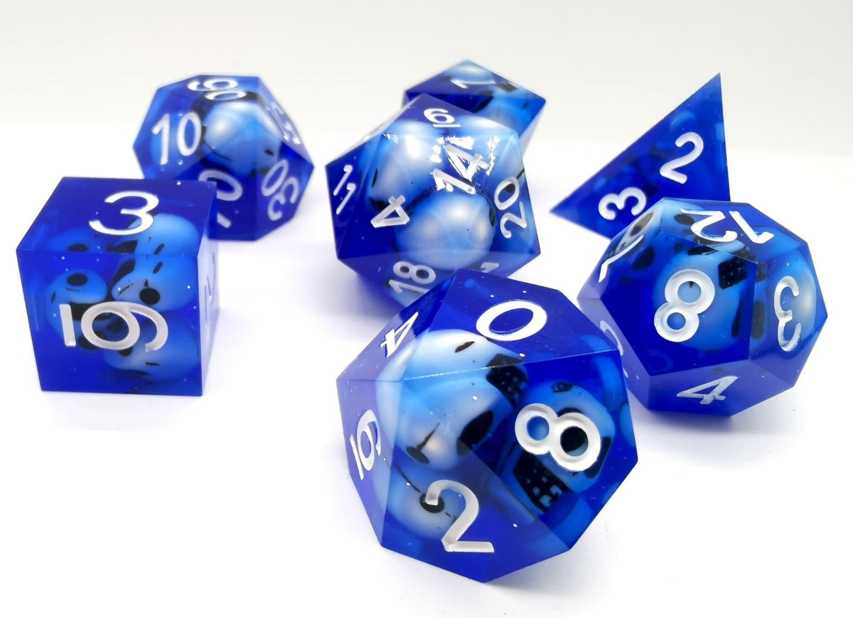 Polyhedral Dice Set | Resin | "Blue Skull" (Sharp Edged) | Set of 7 (D0208)