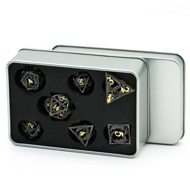 Metal Dice | Hollow "Dragon" Black w/Gold | Set of 7