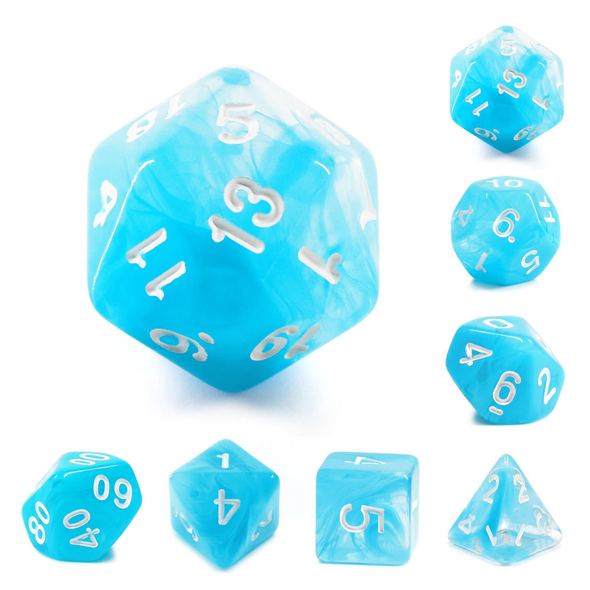 Polyhedral Dice Set | Acrylic | "Blue Sky" White Ink | Set of 7 (D0025)