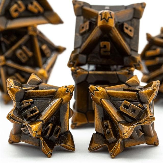 Metal Dice | "Cruel Caltrops" Brushed Golden | Set of 7