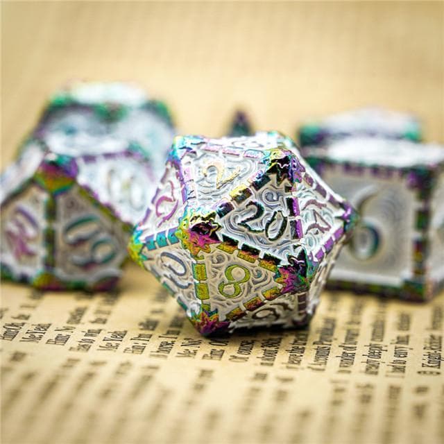 Metal Dice | "Dagger of Venom" Rainbow White | Set of 7