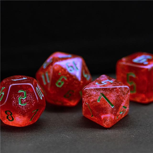 Polyhedral Dice Set | Acrylic | "Strawberry Thorns" Green Ink | Set of 7 (D0184)