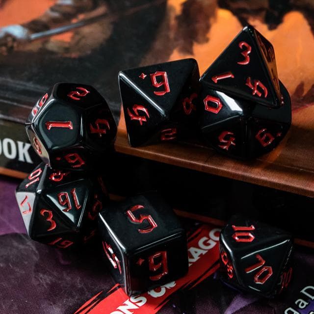 RPG Dice | Solid Black (Red Ink) | Set of 7