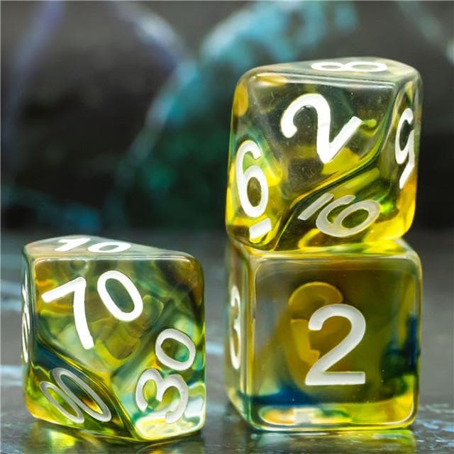 Polyhedral Dice Set | Resin |  "Stained Glass" Yellow & Green | Set of 7 (D0026)