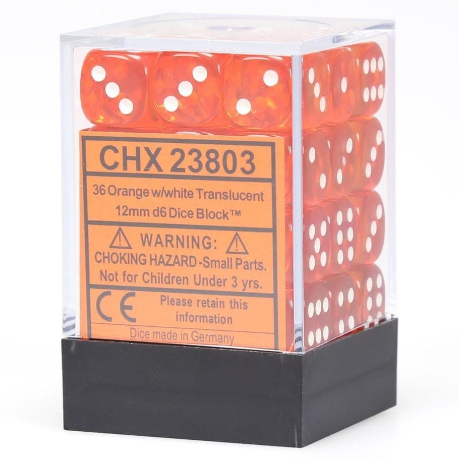 Chessex | d6 Dice Block | Acrylic | Translucent Orange/white 12mm d6 (36 Dice) (CHX 23803)