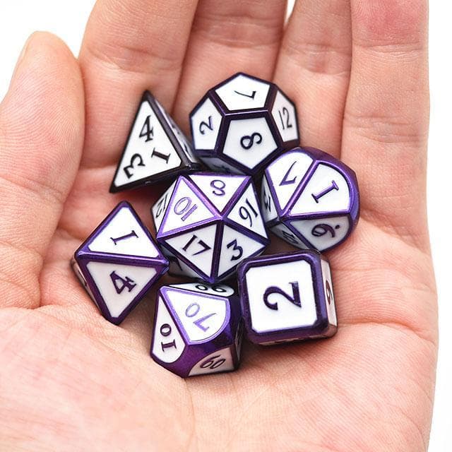Metal Dice | White Enamel w/Purple | Set of 7