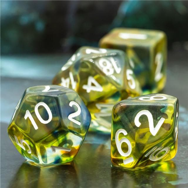 Polyhedral Dice Set | Resin |  "Stained Glass" Yellow & Green | Set of 7 (D0026)