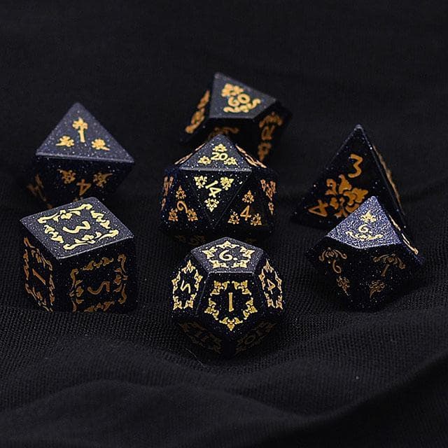 Gemstone Dice - Blue Goldstone Filigree - Set of 7