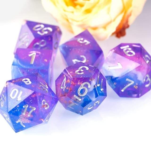 RPG Dice | "Blueberry Sparkle" (Sharp Edged) | Set of 7