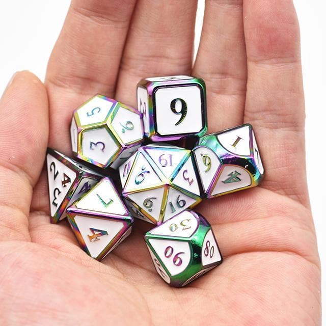 Metal Dice - White Enamel w/Rainbow - Set of 7