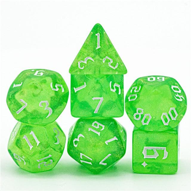 Polyhedral Dice Set | Acrylic | "Emerald Thorns" White Ink | Set of 7 (D0119)