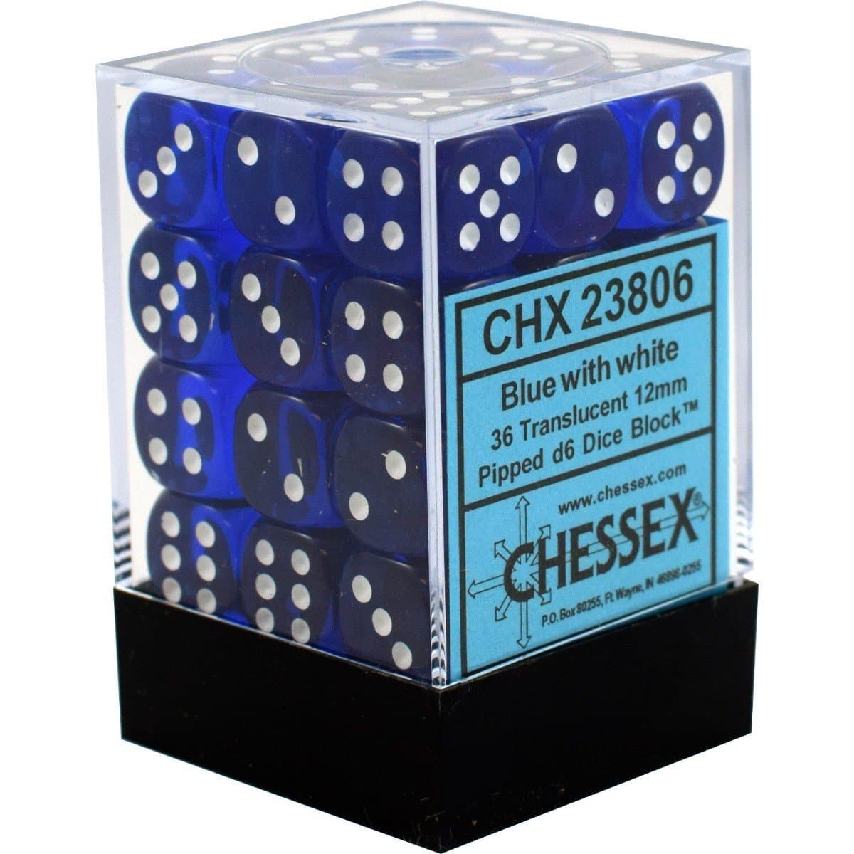 Chessex | d6 Dice Block | Acrylic | Translucent Blue/white 12mm d6 (36 Dice) (CHX 23806)