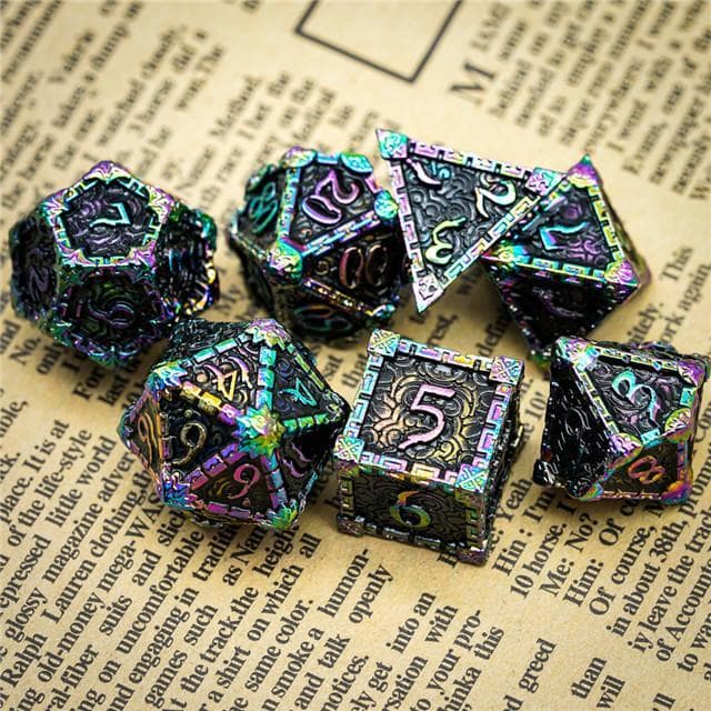 Metal Dice | "Dagger of Venom" Rainbow Black | Set of 7