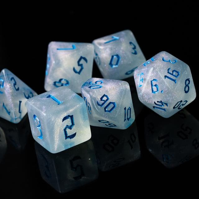 Polyhedral Dice Set | Acrylic | "Moonstone Thorns" Blue Ink | Set of 7 (D0122)