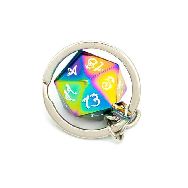 Rainbow Chrome d20 Dice Keychain | White Ink Dragon