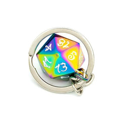 Rainbow Chrome d20 Dice Keychain | White Ink Dragon