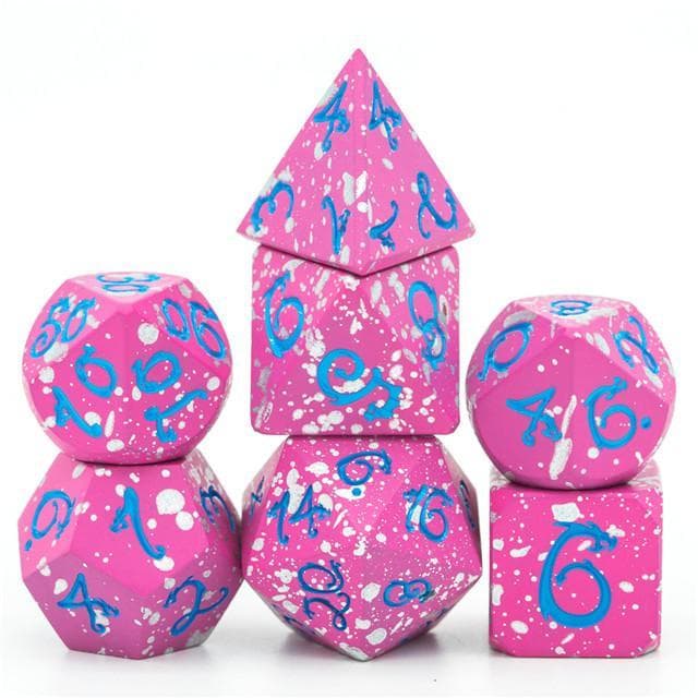 Metal Dice | Pink & White w/ Blue Dragon | Set of 7