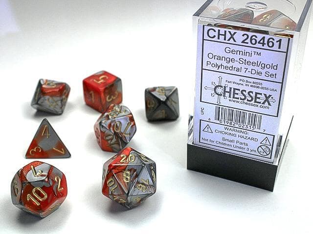 Chessex | Polyhedral Dice | Gemini | Orange-Steel/Gold