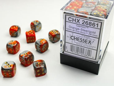 Chessex | 12mm d6 Dice Block | Gemini | Orange-Steel/Gold