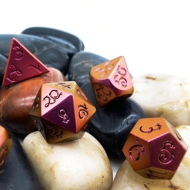 Metal Dice - Orange Iridescent w/Dragon - Set of 7