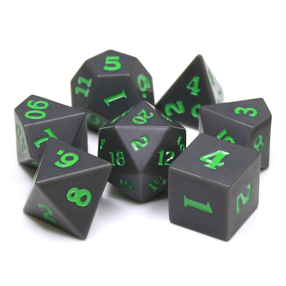 RPG Dice | Slate w/ Green Ink (Sharp Edged) | Set of 7
