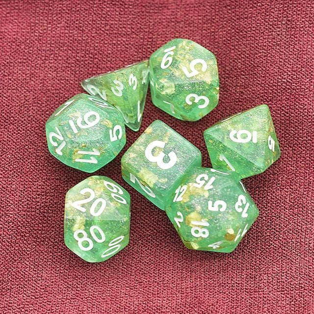 Polyhedral Dice Set | Acrylic | Green "Gold Leaf" | Set of 7 (D0058)