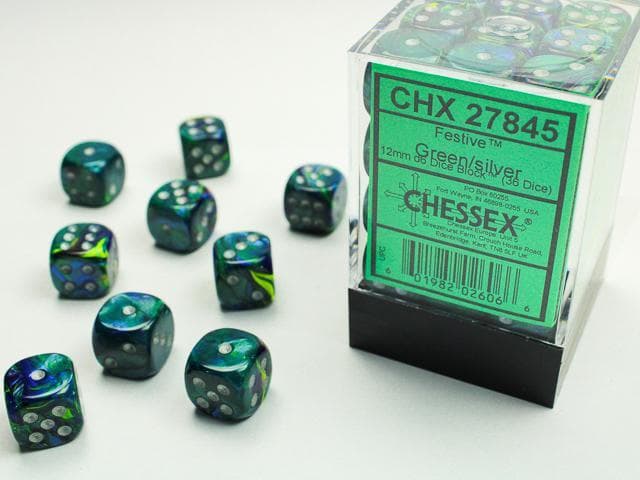 Chessex | 12mm d6 Dice Block | Festive | Green/Silver