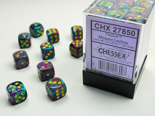 Chessex | 12mm d6 Dice Block | Festive | Mosaic/Yellow