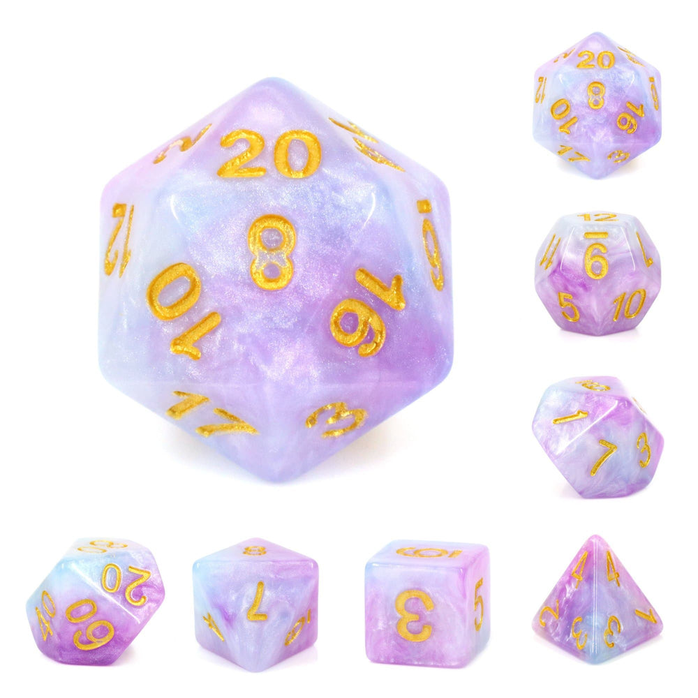 RPG Dice 7 Set - Marble Purple Blue (Gold Font)