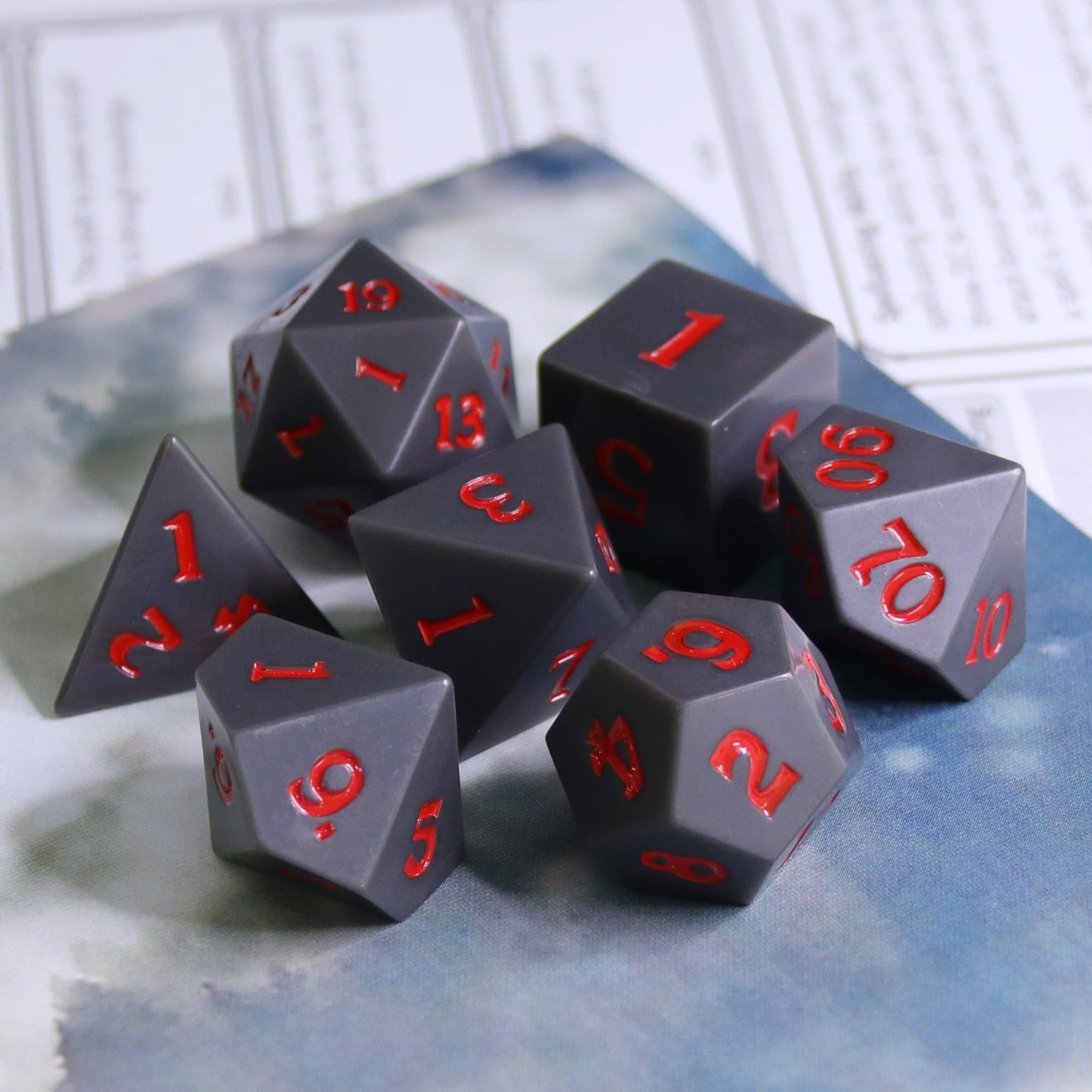 RPG Dice | Slate w/ Red Ink (Sharp Edged) | Set of 7