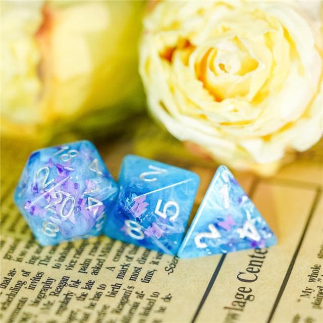 RPG Dice - "Dancing Butterfly" Blue/white - Set of 7