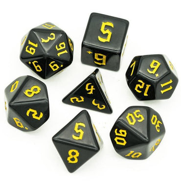 RPG Dice | Solid Black (Yellow Ink) | Set of 7