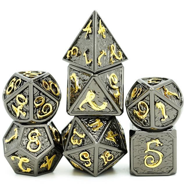 Metal Dice | Black Metal w/ Gold Dragon and Clouds | Set of 7