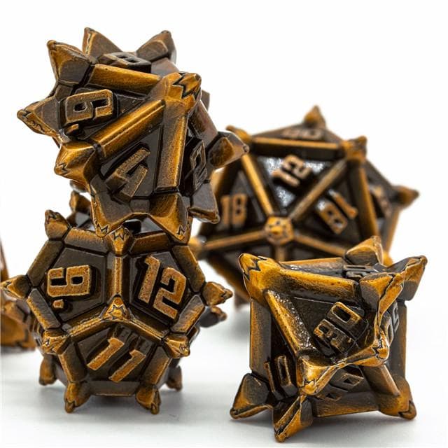 Metal Dice | "Cruel Caltrops" Brushed Golden | Set of 7
