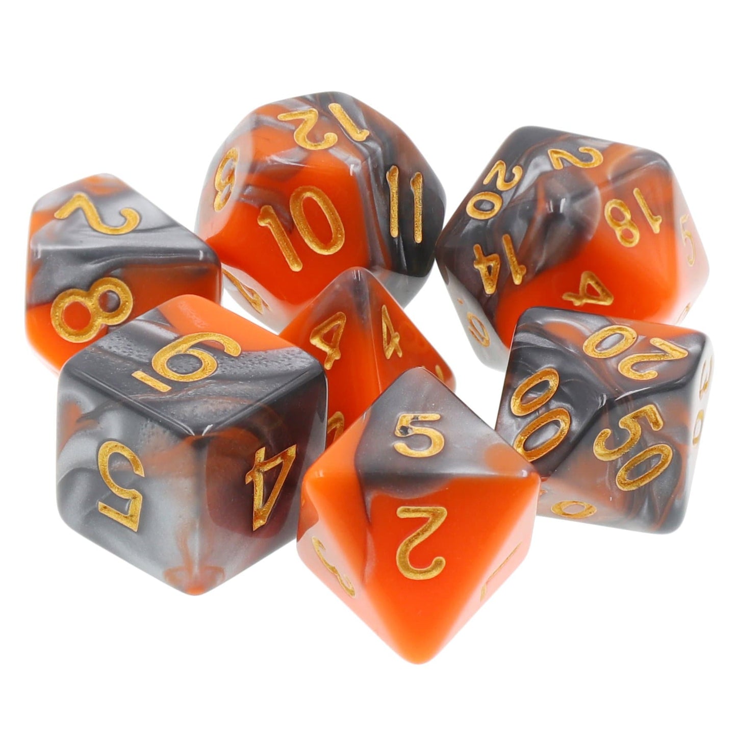 RPG Dice | "Molten Steel" Blend Silver Orange | Set of 7
