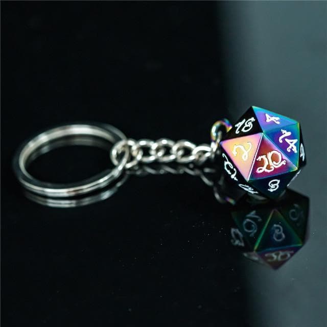 Rainbow Chrome d20 Dice Keychain | White Ink Dragon
